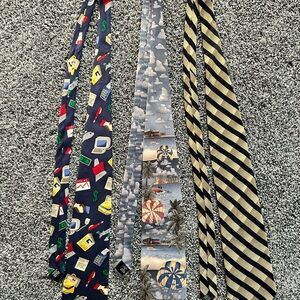 3 Silk Navy Novelty Print Ties with Money, Beach Paradise & Office Motifs